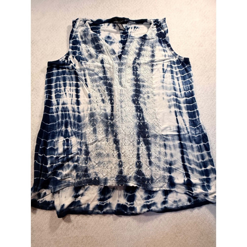 RXP Indigo Tie Dye Sleeveless Lace Front High Low Tank Top Blue White Large